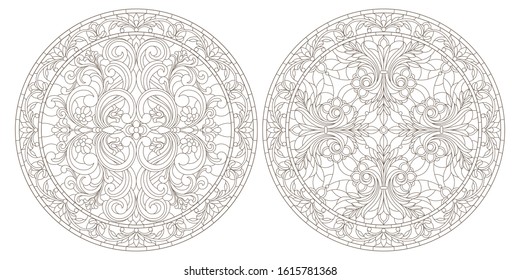Set contour illustrations of stained glass, round stained glass floral, dark outline on a white background
