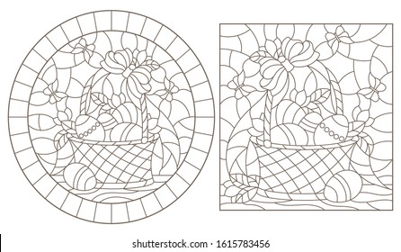 Set of contour illustrations of stained glass Windows with Easter baskets with eggs and flowers, dark outlines on a white background