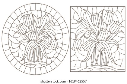 A set of contour illustrations of stained glass Windows with Tulips , dark contours on a white background, round and rectangular image