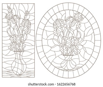 Set of contour illustrations of stained glass Windows with still lifes, vases with iris flowers, dark outlines on a white background