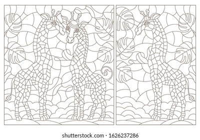 Set of contour illustrations in stained glass style with giraffes on a background of sky and leaves, dark outlines on a white background