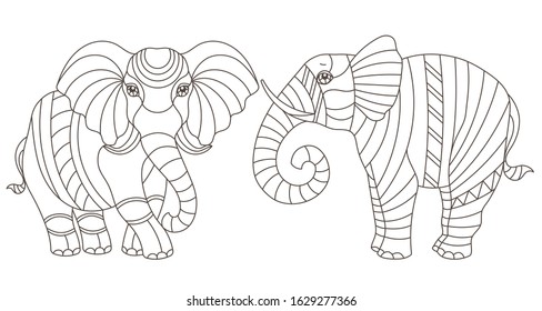 Set of contour illustrations in stained glass style with figures of abstract  elephants, dark outlines isolated on a white background