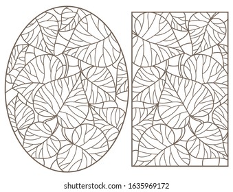 Set of contour illustrations of stained glass Windows with abstract leaf of trees, dark outlines on white background