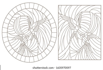 Set contour illustrations of stained glass birds,  a pair of swallows in sky on background of sun, dark outlines on a white background