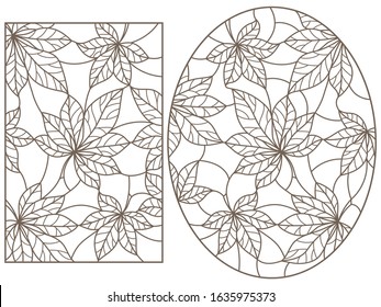 Set of contour illustrations of stained glass Windows with abstract leaf of chestnut backgrounds, dark outlines on white background