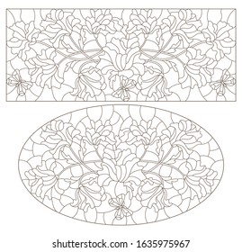 Set of contour illustrations in stained glass style with floral arrangements, dark contours on a white background