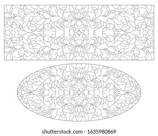 Set contour illustrations of stained glass with abstract swirls and flowers , horizontal orientation