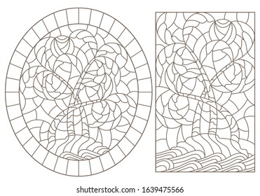 Set contour illustrations of the stained glass Windows of tropical landscapes ,island with palm trees against the sky, ocean and sun