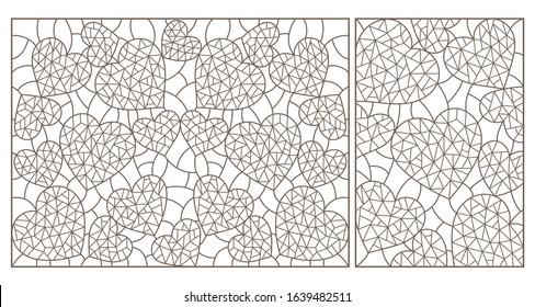 Set of contour illustrations of stained glass backgrounds with hearts, dark outlines on a white background