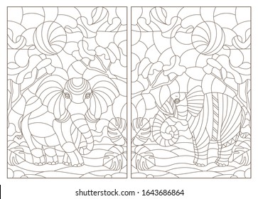 Set of contour illustrations of stained glass Windows with elephants, dark contours on a white background