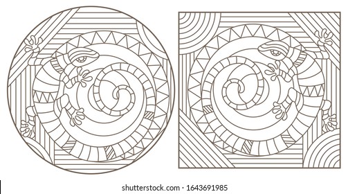 Set of contour illustrations in stained glass style with lizards, dark outlines on a white background