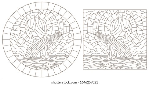 Set contour illustrations of stained glass with  whales on the sea background ,cloud, sky and sun