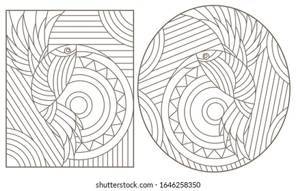 Set of contour illustrations of stained glass Windows with abstract birds, dark outlines on a white background