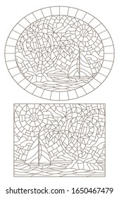 Set contour illustrations of the stained glass Windows of tropical landscapes ,island with palm trees against the sky, ocean and sun