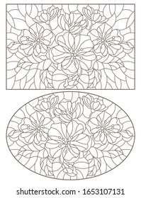 Set of contour illustrations of stained glass Windows with branches of a flowering Apple tree, dark outlines on a white background