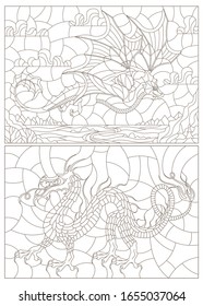 Set of contour illustrations in stained glass style with flying dragons on the background of landscapes and sky, dark contours on a white background