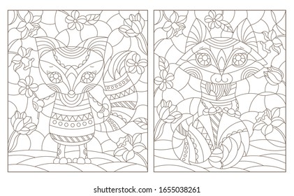 Set of contour illustrations of stained glass Windows with funny cartoon foxes and flowers, dark outlines on a white background