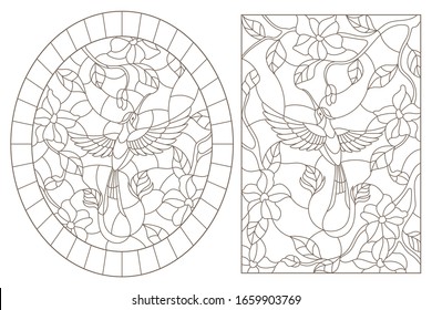 A set of contour illustrations of stained glass Windows with Hummingbird birdsand flowers, dark contours on a white background