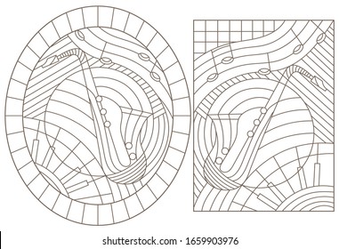 Set contour illustrations of the stained glass Windows on the theme of music abstract  saxophones, dark outlines on a white background