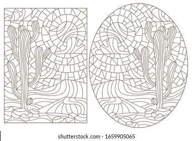 Set contour illustrations of stained glass with desert landscapes , cactus in a landscape of dunes and sky