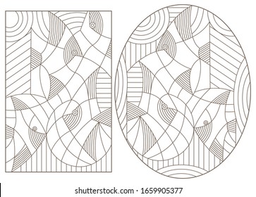 A set of contour illustrations of stained glass Windows with abstract fish, oval and rectangular images. dark outlines on a white background