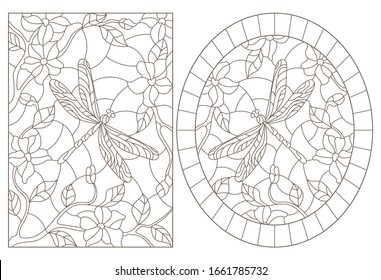 Set of contour illustrations in stained glass style with flowers and dragonflies, dark outlines on white background