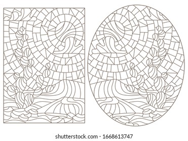 Set contour illustrations of stained glass with desert landscapes , cactus in a landscape of dunes and sky