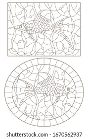 Set of contour illustrations of stained glass Windows with swordfish and algae, dark contours isolated on a white background