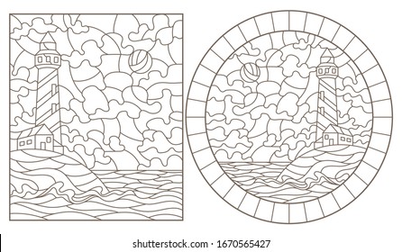 Set of contour illustrations of stained glass Windows with seascapes, lighthouses on the background of the sea and the Sunny sky