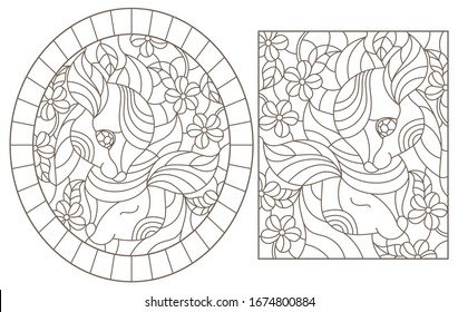 Set of contour illustrations of stained glass Windows with fawns and flowers, dark outlines on a white background