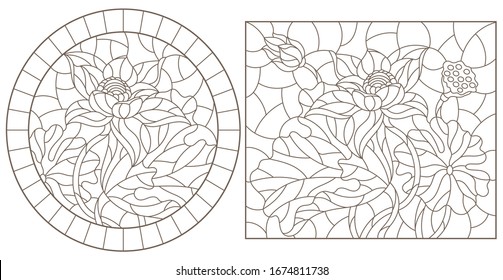 Set of contour illustrations of stained glass Windows with lotuses and butterflies, dark outlines on a white background