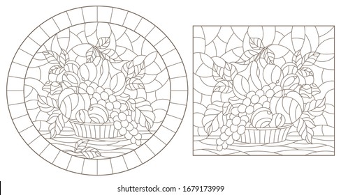 Set of contour illustrations of stained glass Windows with fruit still lifes, dark outlines on a white background