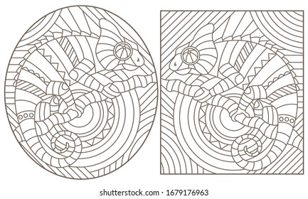 A set of contour illustrations of stained glass Windows with abstract chameleons, dark outlines on a white background, oval and rectangular images