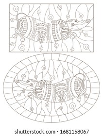 Set of contour illustrations of stained glass Windows with abstract Dachshund dogs, dark outlines on a white background