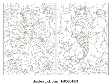 Set of contour illustrations of stained glass Windows with fairy-tale characters, mermaid and fairy, dark contours on a white background