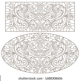 Set contour illustrations of stained glass with abstract swirls and flowers , horizontal orientation