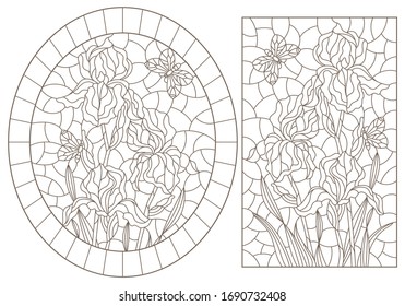 A set of contour illustrations of stained glass Windows with irises and butterflys, dark contours on a white background, oval and rectangular image