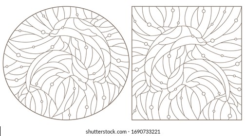 Set of contour illustrations of stained glass Windows with dolphins, dark contours on a white background