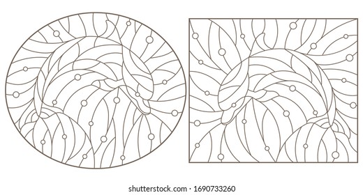 Set of contour illustrations of stained glass Windows with dolphins, dark contours on a white background