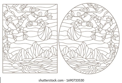 A set of contour illustrations of stained glass Windows with landscapes, flowering branches against the background of mountains and sky, dark outlines on a white background