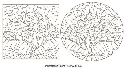 Set contour illustrations of stained glass with the images of the trees, dark outlines on a white background