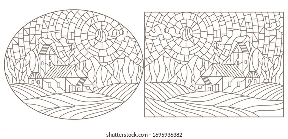 Set contour illustrations of stained glass Windows landscape , lonely house on a background of nature