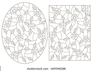 Set contour illustrations in the stained glass style, abstract flowers of roses , dark outline on a white background