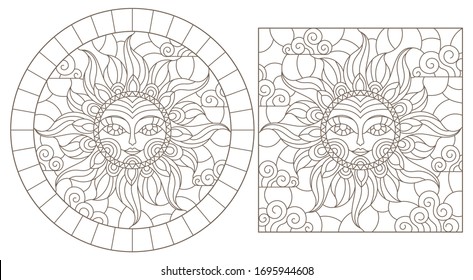 Set contour illustrations of stained glass sun with face, oval and square image, dark outline on a white background , isolate