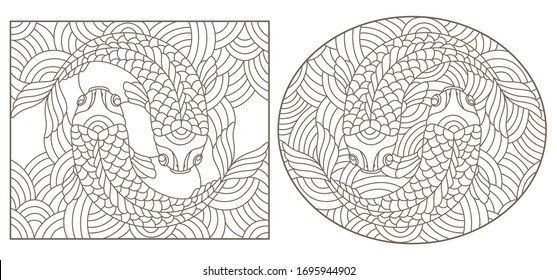 Set contour illustrations of stained glass with abstract fishes , black contour on white background