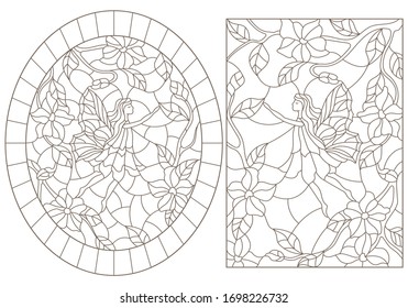 A set of contour illustrations of stained glass Windows with fairies on a background of colors , dark contours on a white background