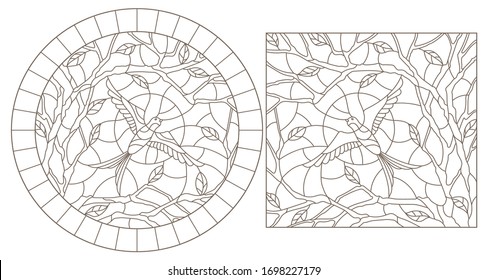 Set of contour illustrations of stained glass Windows with swallows against the sky and trees, dark outlines on a white background