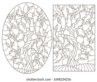 Set contour illustrations of stained glass with the image of the blossom trees, daek contours on a white background