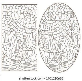 Set contour illustrations of stained glass in the stained glass style with scenery of wild nature, a mountain river and waterfall, a dark outline on a white background