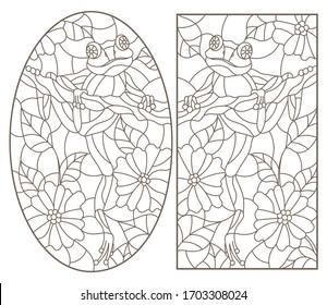 A set of contour illustrations of stained glass frogs sitting on tree branches, dark contours on a white background